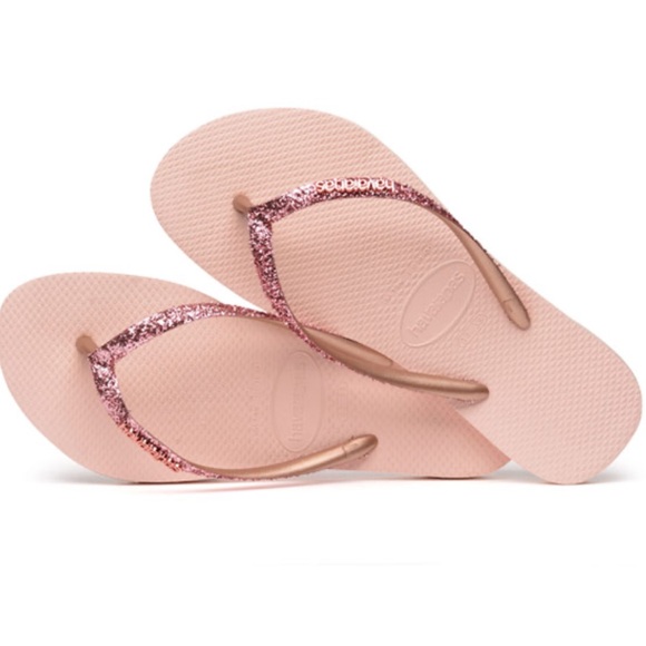 Havaianas Glittery Slim Ballet Rose/Golden Blush Flip Flop Sandals - Picture 2 of 14